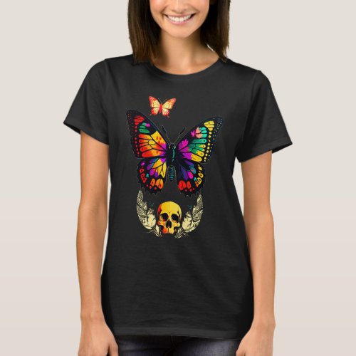 butterflies skull black T_Shirt