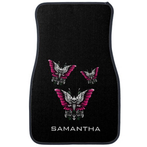 Butterflies Skull Pink White Colorful on Black Car Floor Mat