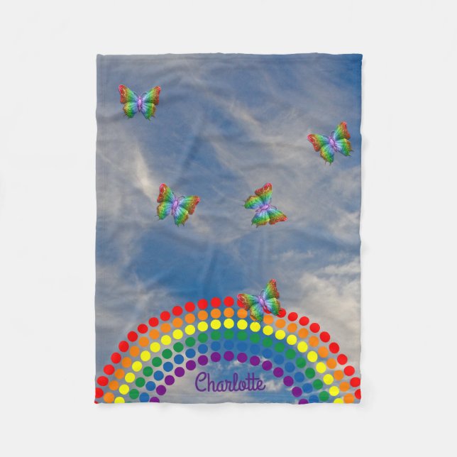 Butterflies Sky Rainbow | Personalized Name Fleece Blanket (Front)