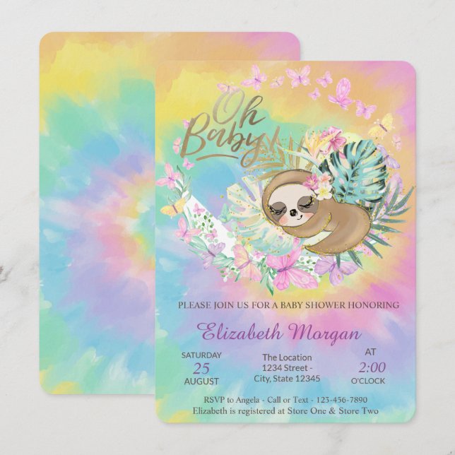  Butterflies,Sleeping Sloth Tie Dye Baby Shower   Invitation (Front/Back)