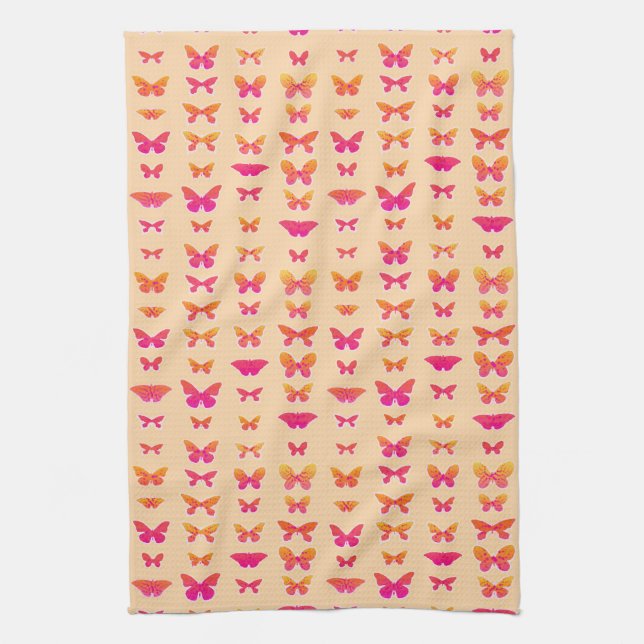 Butterflies, soft orange, coral pink, gold kitchen towel (Vertical)