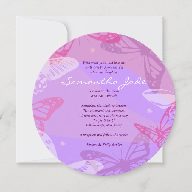 BUTTERFLIES & STARS Round Bat Mitzvah Invitation (Front)