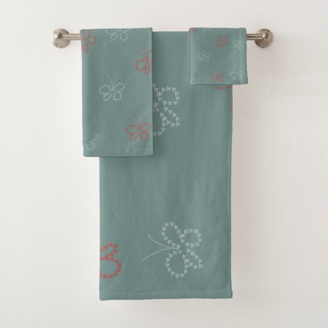 Butterflies Stars Sage Green Bath Towel Set (Insitu)