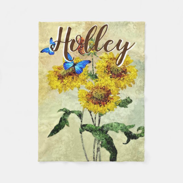 Butterflies Sunflowers Watercolor Personalized Fleece Blanket (Front)