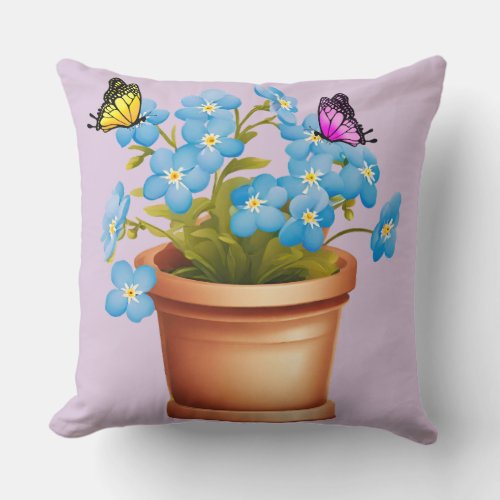 Butterflies Swarming Forget Me Not Flowers Throw Pillow