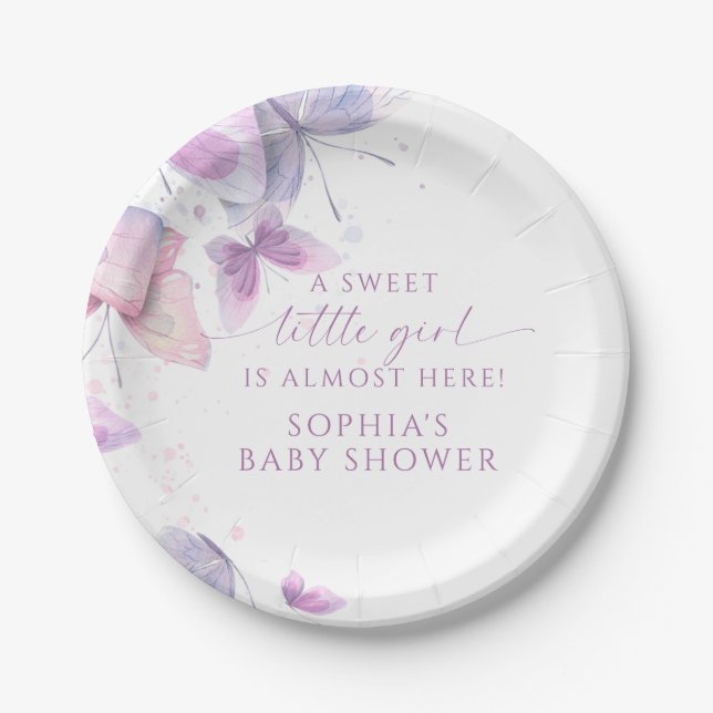 Butterflies Sweet Little Girl Baby Shower Paper Plates (Front)