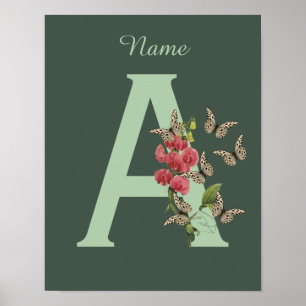 Butterflies Sweet Pea Monogram Initial A Name Poster
