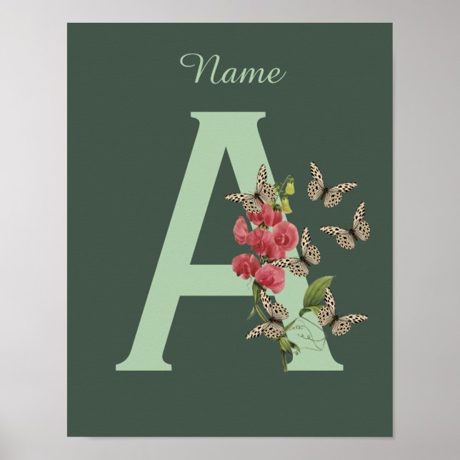 Butterflies Sweet Pea Monogram Initial A Name Poster (Front)