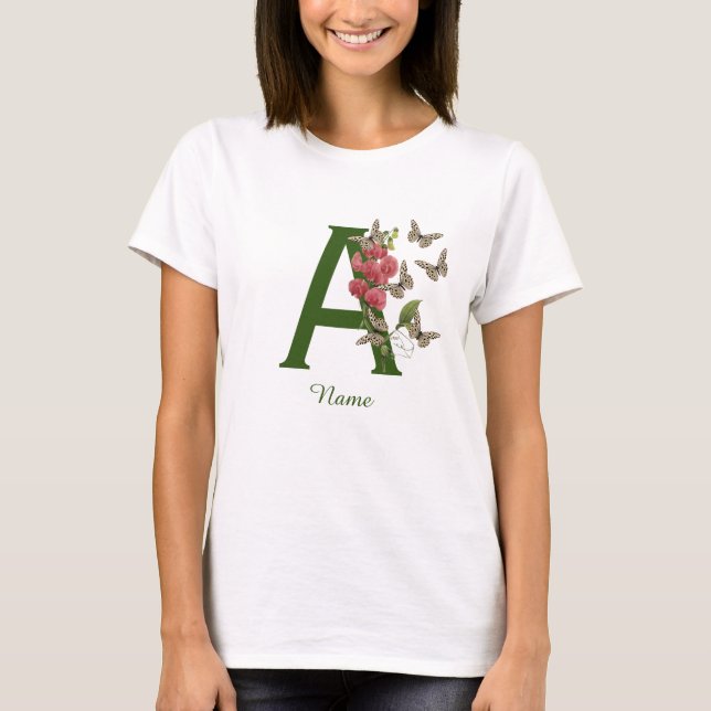 Butterflies Sweet Pea Monogram Initial A Name T-Shirt (Front)