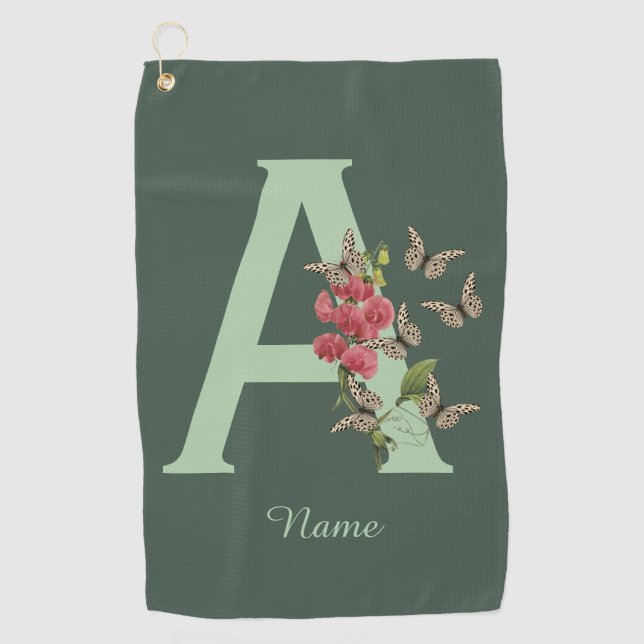 Butterflies Sweet Pea Monogram Initial A Your Name Golf Towel (Front)