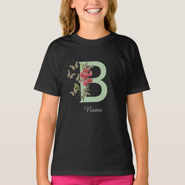 Butterflies Sweet Pea Monogram Initial B Name   T-Shirt (Front)