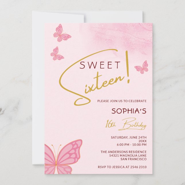 Butterflies Sweet Sixteen Birthday Invitation (Front)