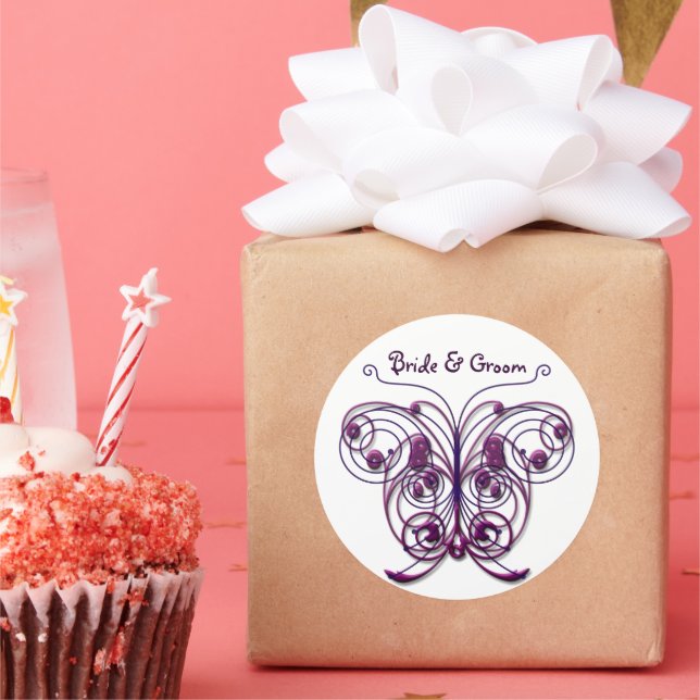 Butterflies Swirl Purple Classic Round Sticker (Party)