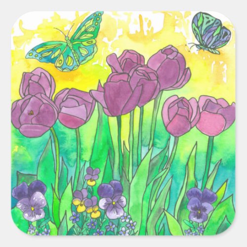 Butterflies Tulip Pansies Watercolor Flowers  Square Sticker