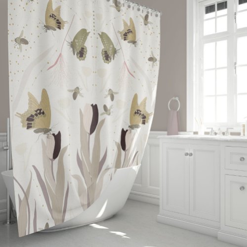 Butterflies Tulips Gold Sage Pattern Shower Curtain