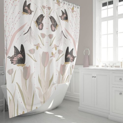 Butterflies Tulips Pink Pattern Shower Curtain