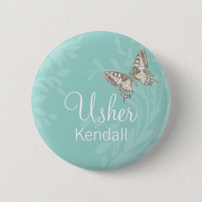 Butterflies Usher teal wedding pin / button (Front)