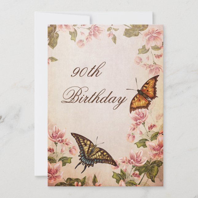 Butterflies & Vintage Almond Blossom 90th Birthday Invitation (Front)