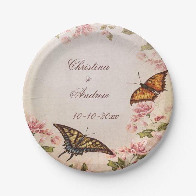Butterflies & Vintage Almond Blossom Engagement Paper Plates (Front)