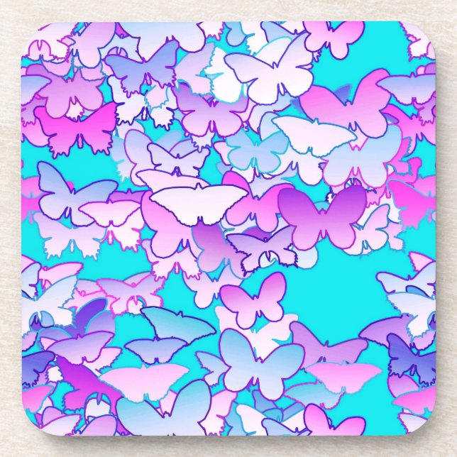Butterflies, violet and turquoise drink coaster (Front)