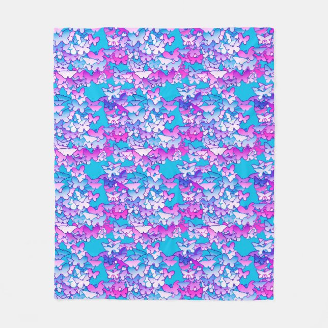 Butterflies, violet and turquoise fleece blanket (Front)
