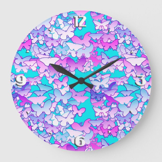 Butterflies, violet and turquoise large clock (Front)
