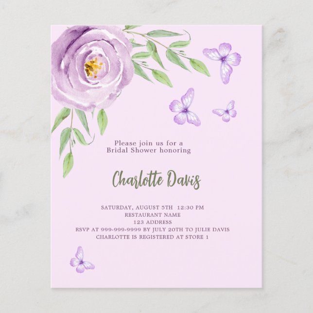Butterflies violet rose Bridal Shower invitation (Front)