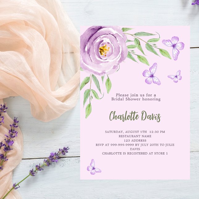 Butterflies violet rose floral Bridal Shower Invitation (Creator Uploaded)
