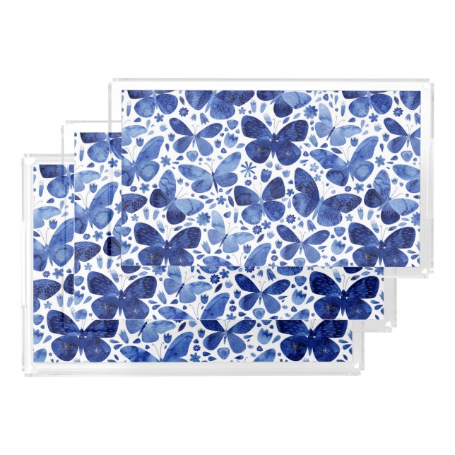 Butterflies Watercolor Blue Acrylic Tray (Set)