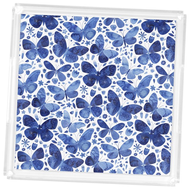 Butterflies Watercolor Blue Acrylic Tray (Blue watercolor butterfly pattern acrylic tray)