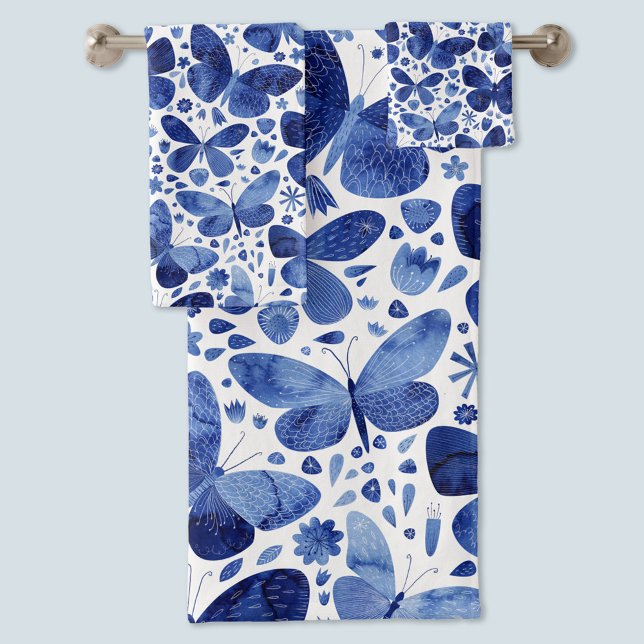 Butterflies Watercolor Blue Bath Towel Set (Blue watercolor butterfly pattern towels)