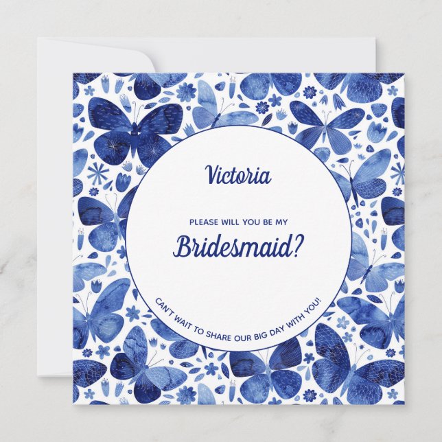 Butterflies Watercolor Blue Be My Bridesmaid Invitation (Front)