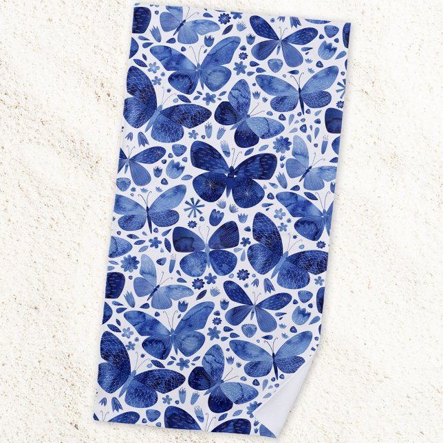 Butterflies Watercolor Blue Beach Towel (Indigo blue and white butterfly pattern art beach towel)