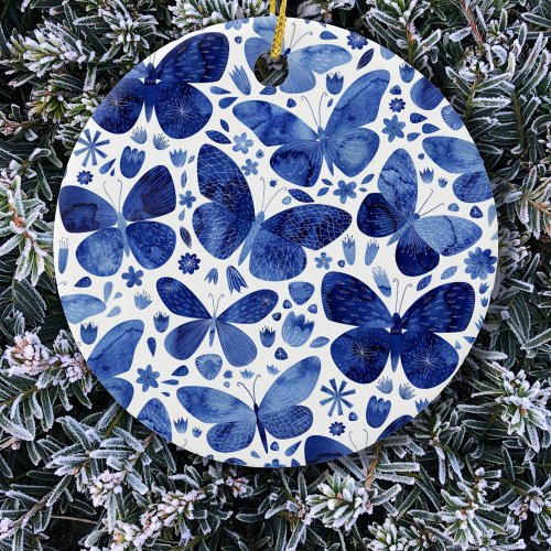 Butterflies Watercolor Blue Ceramic Ornament