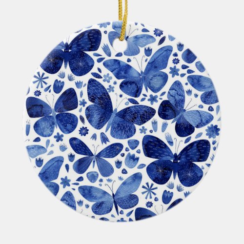 Butterflies Watercolor Blue Ceramic Ornament