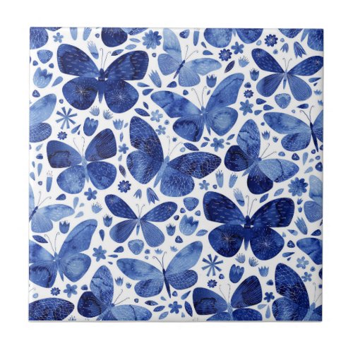 Butterflies Watercolor Blue Ceramic Tile