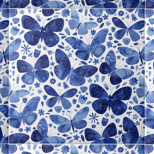 Butterflies Watercolor Blue Ceramic Tile (Indigo blue and white watercolor butterfly pattern art ceramic tile)