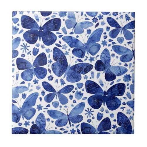 Butterflies Watercolor Blue Ceramic Tile