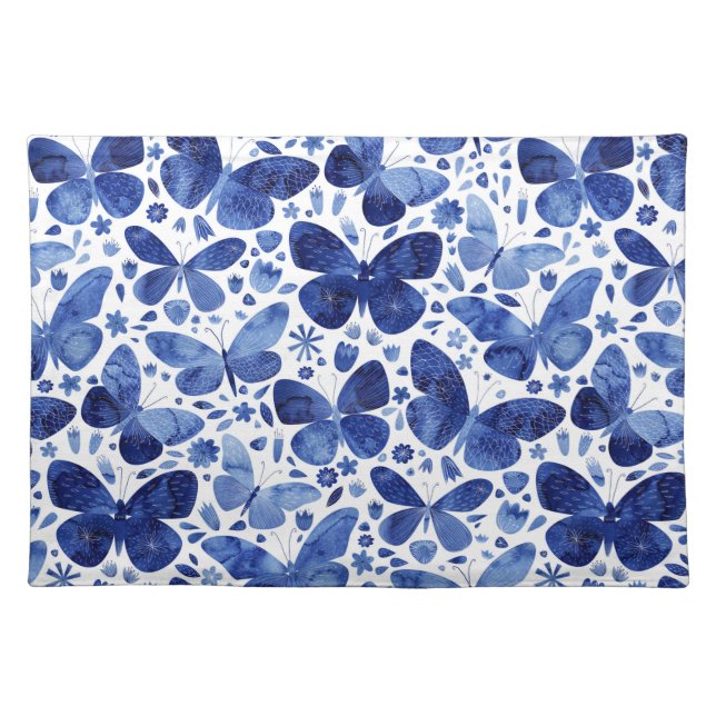 Butterflies Watercolor Blue Cloth Placemat (Front)