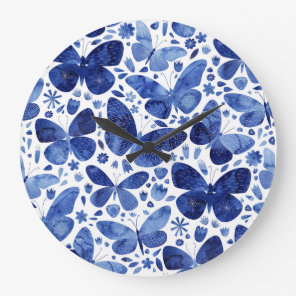 Butterflies Watercolor Blue Large Clock
