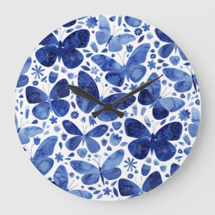 Butterflies Watercolor Blue Large Clock