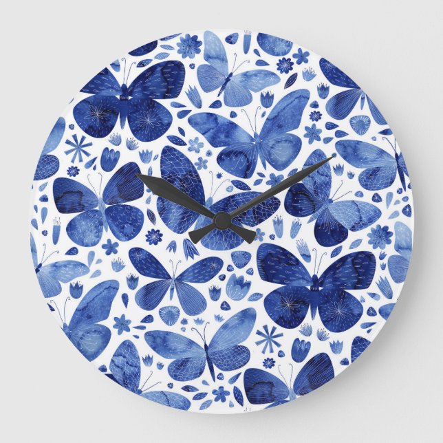 Butterflies Watercolor Blue Large Clock (Front)