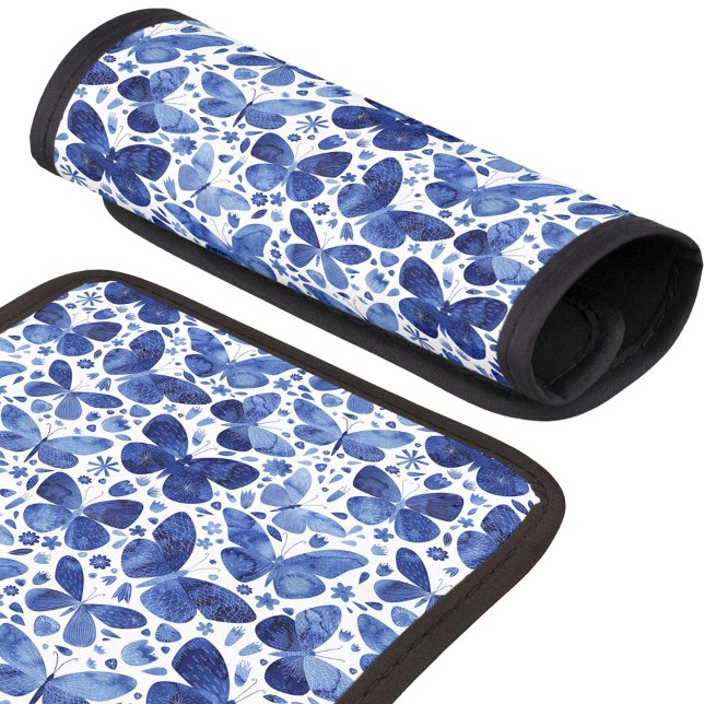 Butterflies Watercolor Blue Luggage Handle Wrap (Modern blue and white watercolor butterfly art luggage handle wrap)