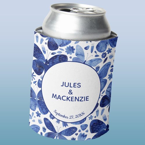 Butterflies Watercolor Blue Modern Boho Wedding Can Cooler