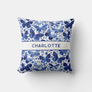 Butterflies Watercolor Blue Personalized Throw Pillow