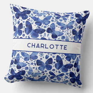 Butterflies Watercolor Blue Personalized Throw Pillow