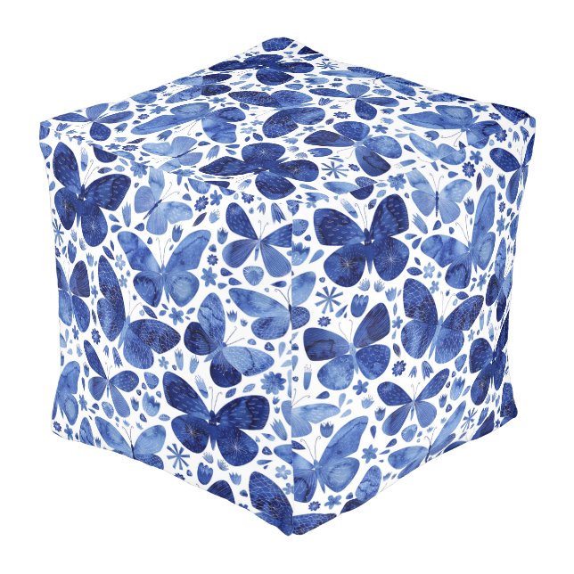 Butterflies Watercolor Blue Pouf (Angled Back)