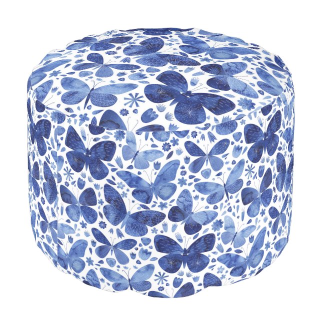Butterflies Watercolor Blue Pouf (Angled Back)