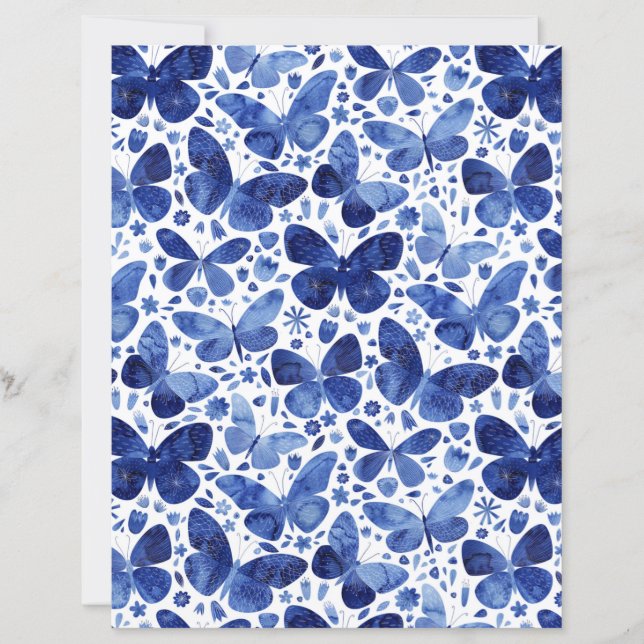 Butterflies Watercolor Blue Scrapbook Paper (Front)