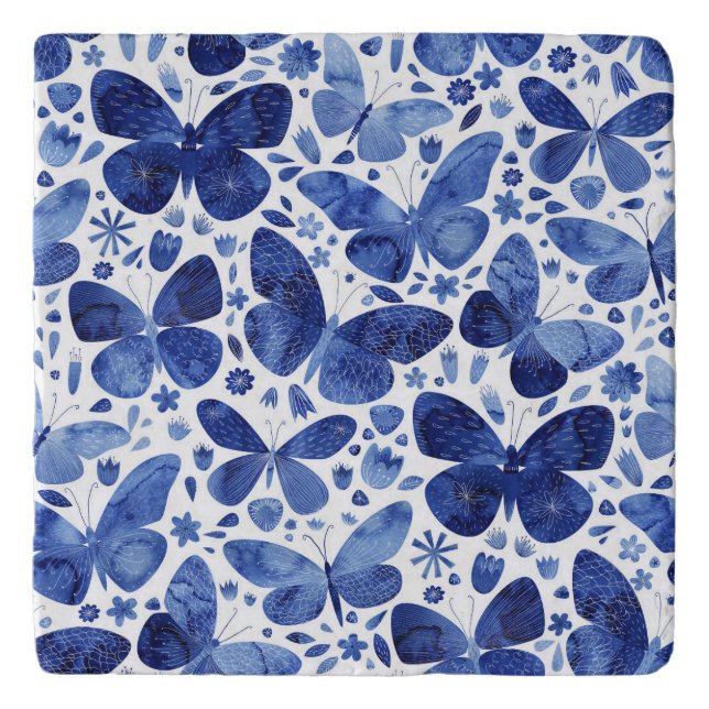 Butterflies Watercolor Blue Trivet (Front)